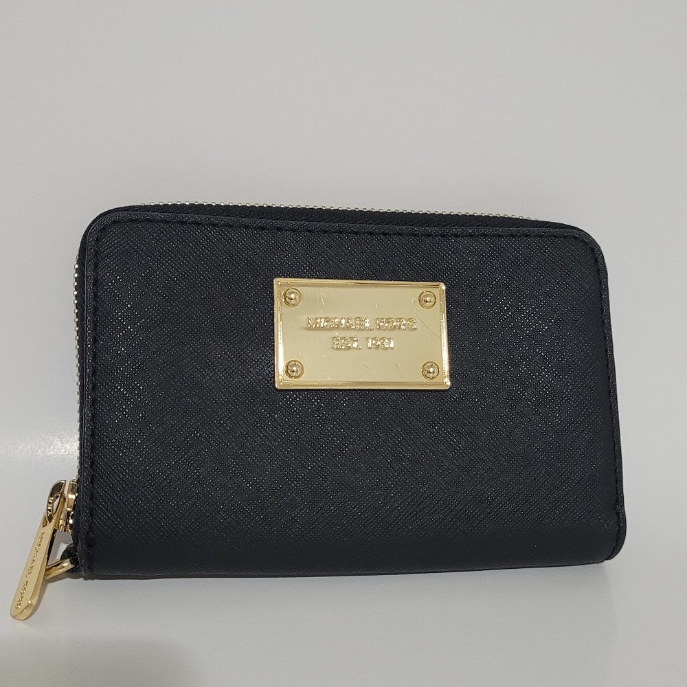 Michael Kors Small Black Leather Zip Around Wallet Wristlet